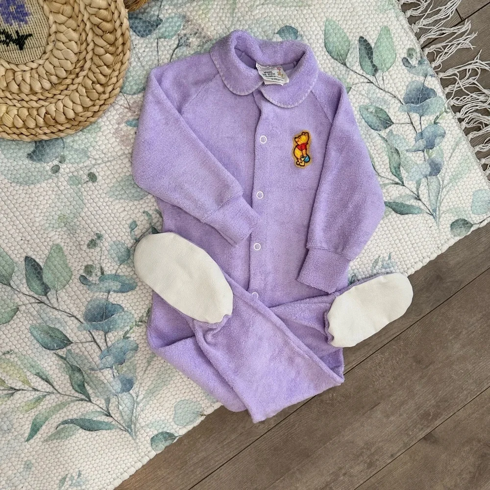 Vintage Disney Winnie Pooh Baby Girl Pajamas Lavender Button Footie Terry Cloth